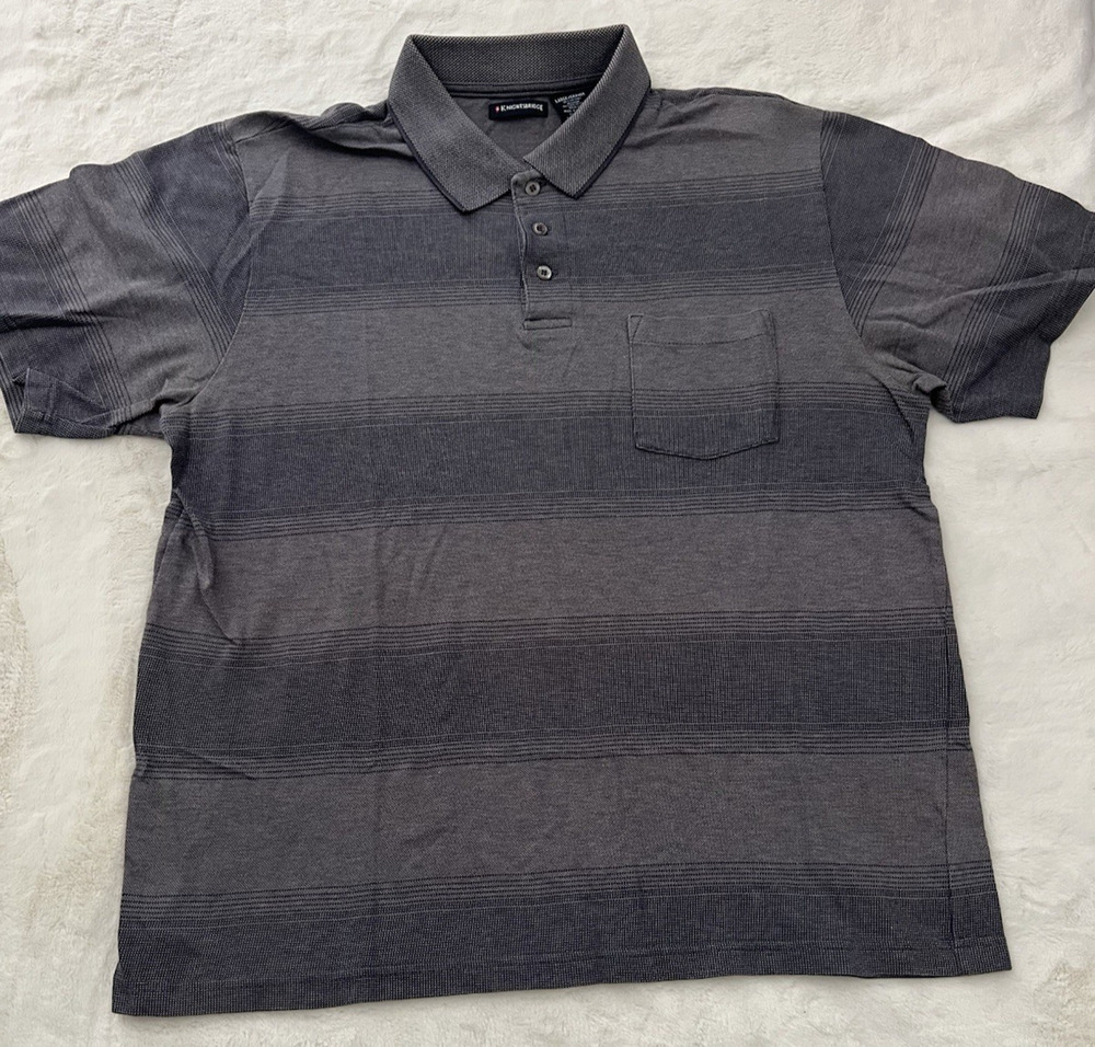 Knightsbridge Mens Large Gray Striped Polo Shirt Short Sleeve Casual Golf
